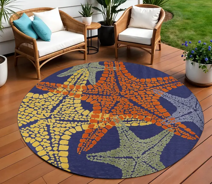 8' Blue Yellow And Orange Round Starfish Indoor Outdoor Area Rug