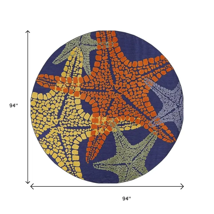 8' Blue Yellow And Orange Round Starfish Indoor Outdoor Area Rug