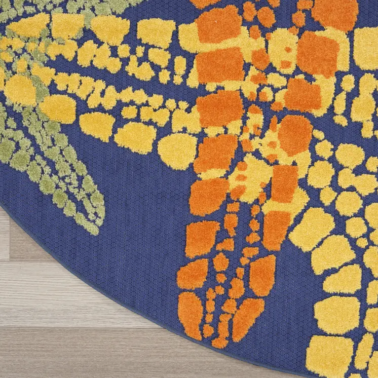 8' Blue Yellow And Orange Round Starfish Indoor Outdoor Area Rug
