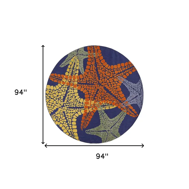 8' Blue Yellow And Orange Round Starfish Indoor Outdoor Area Rug