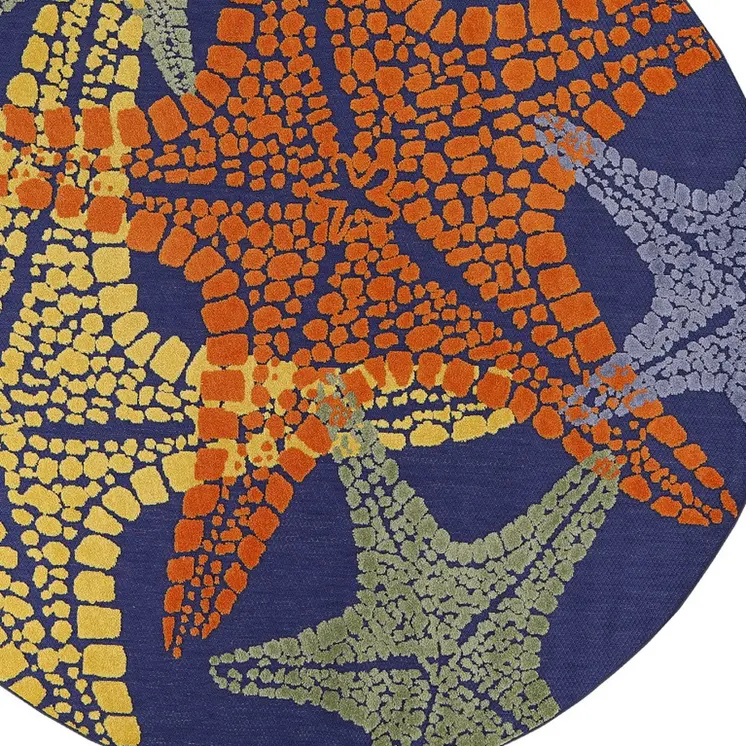 8' Blue Yellow And Orange Round Starfish Indoor Outdoor Area Rug