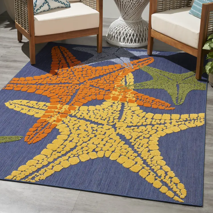 5' X 8' Blue Yellow And Orange Starfish Indoor Outdoor Area Rug