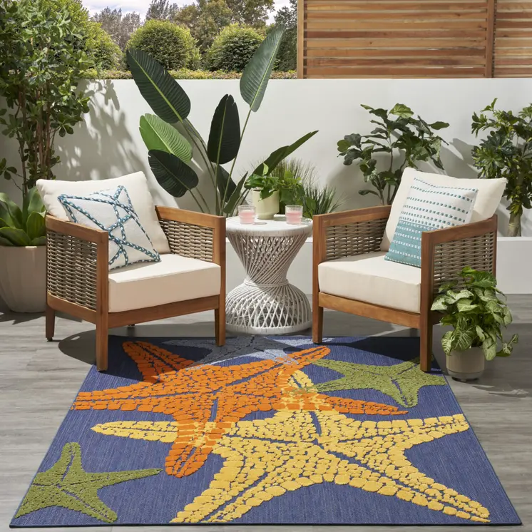 5' X 8' Blue Yellow And Orange Starfish Indoor Outdoor Area Rug