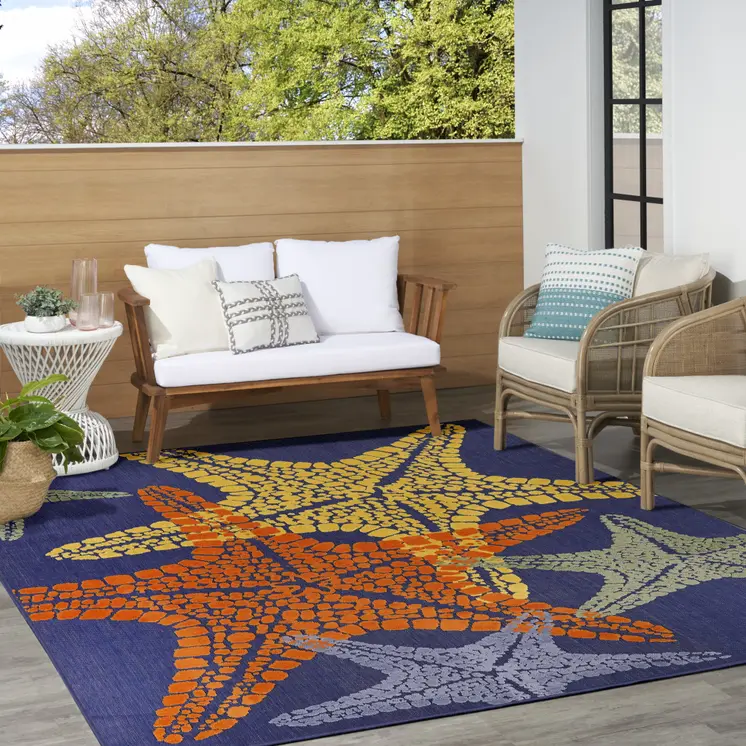 8' X 11' Blue Yellow And Orange Starfish Indoor Outdoor Area Rug