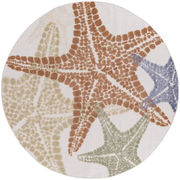 5' Ivory Yellow Orange And Green Round Starfish Indoor Outdoor Area Rug