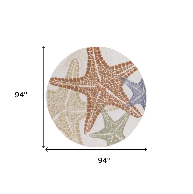 8' Ivory Yellow Orange And Green Round Starfish Indoor Outdoor Area Rug