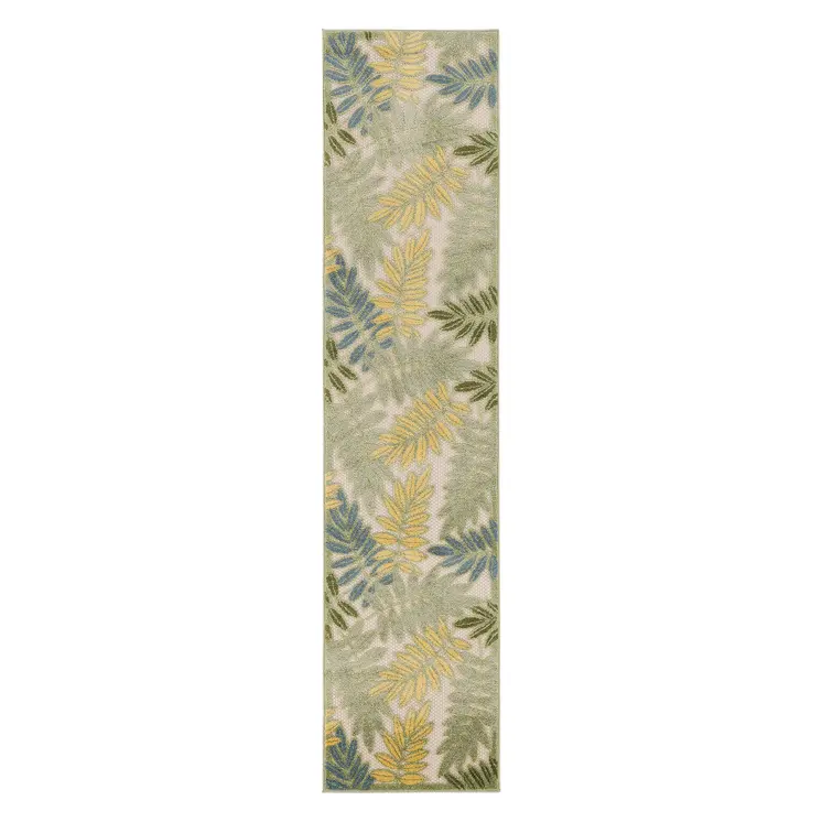 6' Green Yellow And Blue Palm Leaf Indoor Outdoor Runner Rug