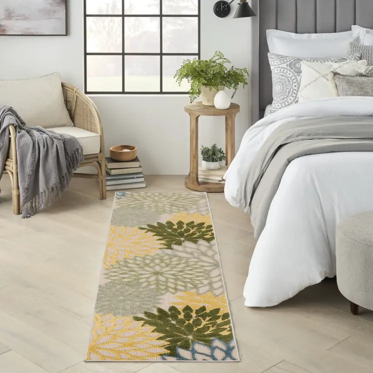 6' Dark Green Yellow And Blue Floral Indoor Outdoor Runner Rug