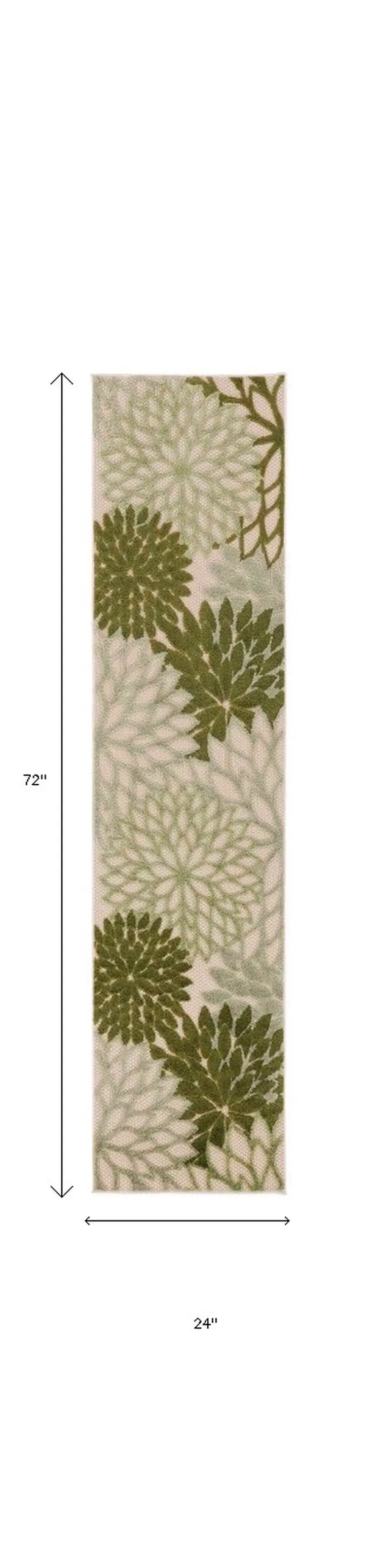6' Ivory And Green Floral Indoor Outdoor Runner Rug