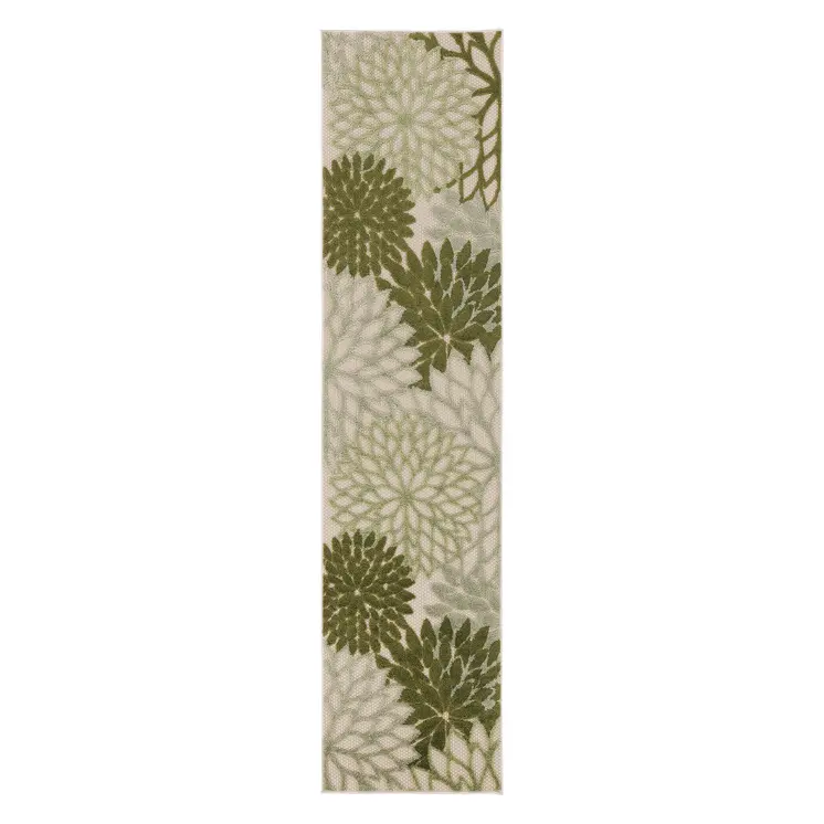 6' Ivory And Green Floral Indoor Outdoor Runner Rug