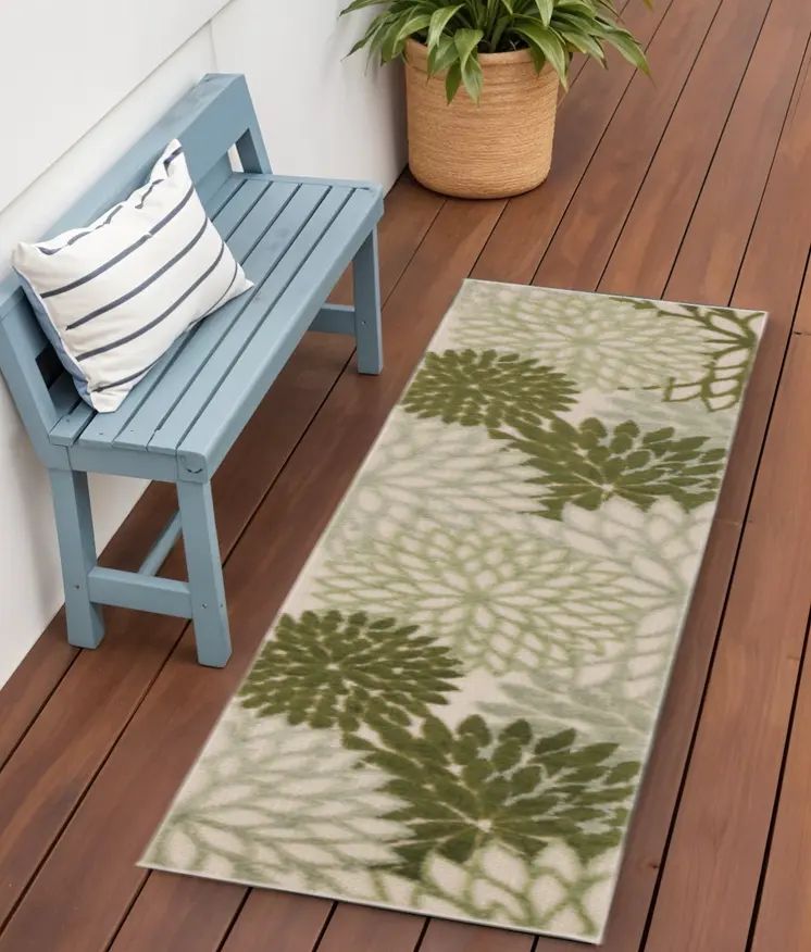 6' Ivory And Green Floral Indoor Outdoor Runner Rug