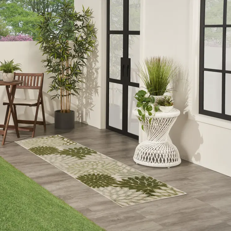 6' Ivory And Green Floral Indoor Outdoor Runner Rug