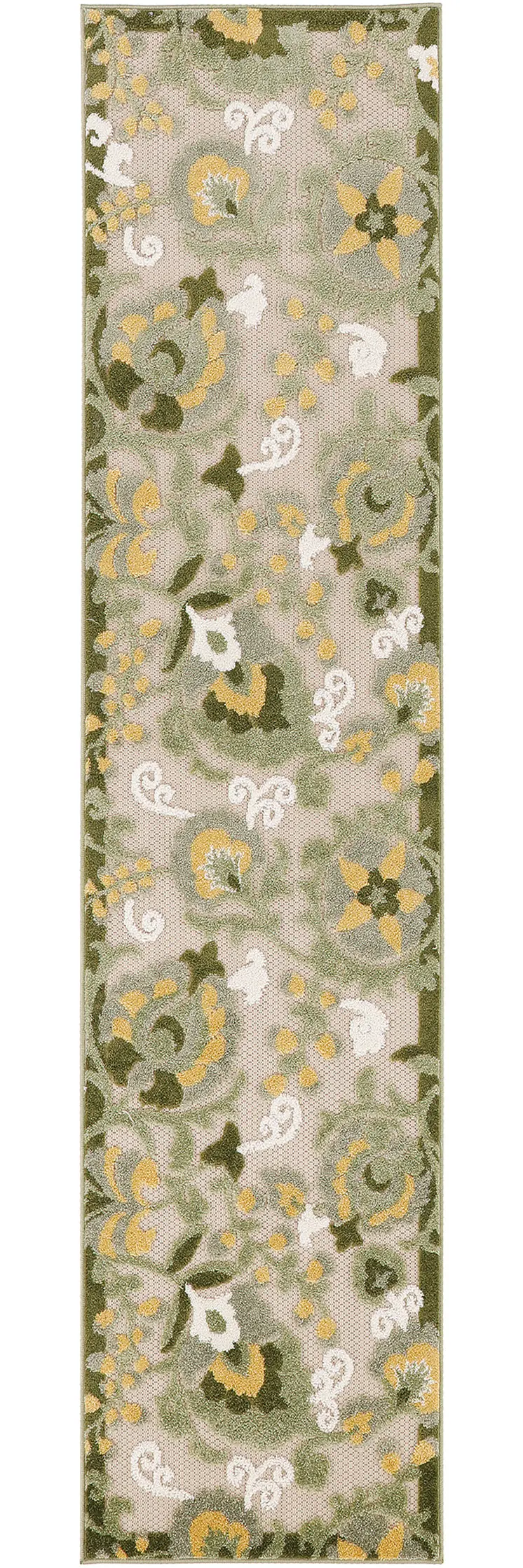 6' Ivory And Green Floral Indoor Outdoor Runner Rug
