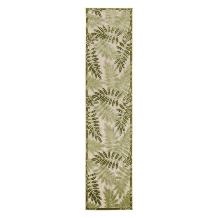 6' Ivory And Green Palm Leaf Indoor Outdoor Runner Rug