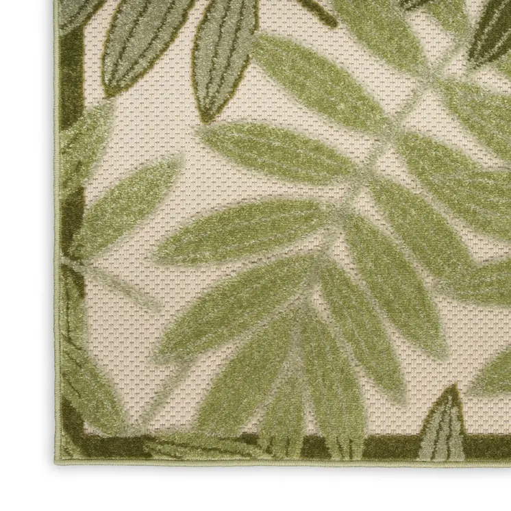 6' Ivory And Green Palm Leaf Indoor Outdoor Runner Rug