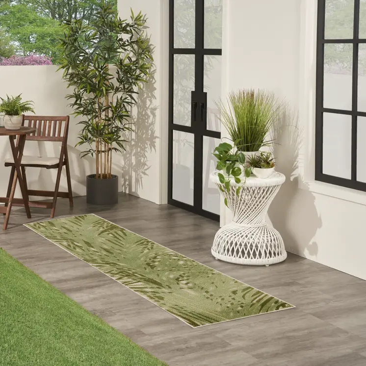 6' Ivory And Green Palm Leaf Indoor Outdoor Runner Rug