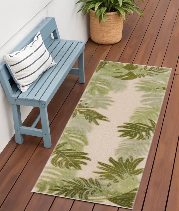 6' Ivory And Green Palm Leaf Indoor Outdoor Runner Rug