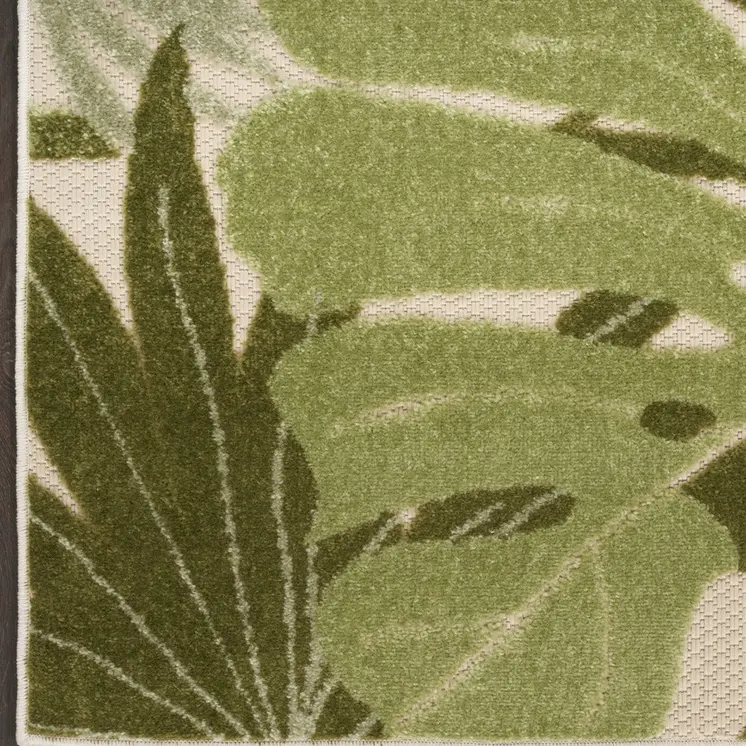6' Ivory And Green Palm Leaf Indoor Outdoor Runner Rug