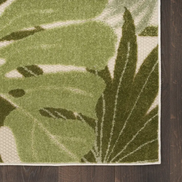 6' Ivory And Green Palm Leaf Indoor Outdoor Runner Rug