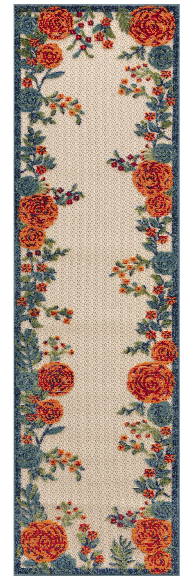 6' Ivory Blue And Orange Floral Indoor Outdoor Runner Rug