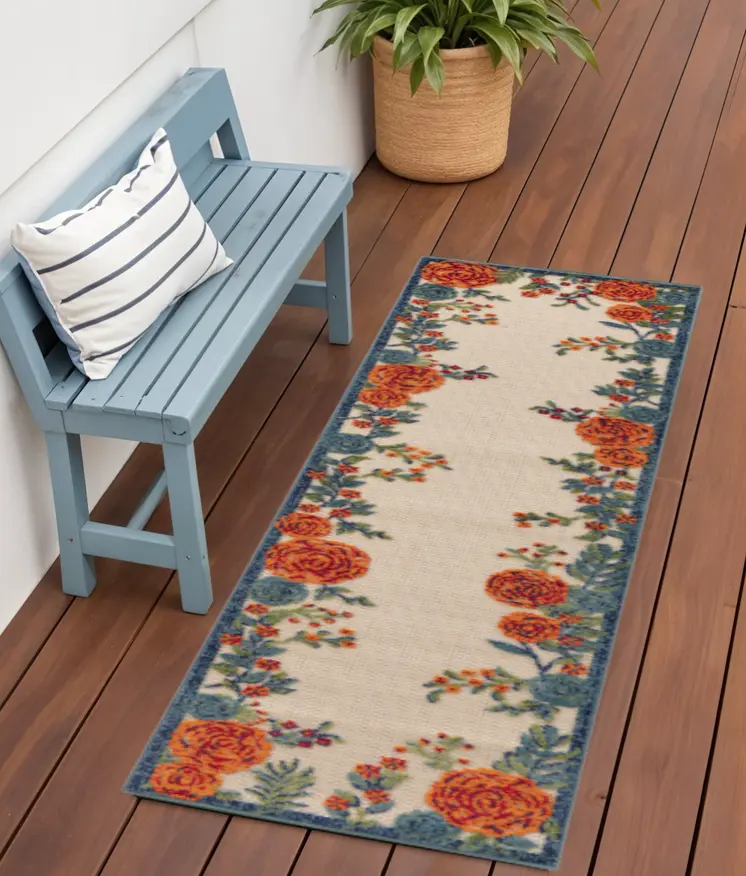 6' Ivory Blue And Orange Floral Indoor Outdoor Runner Rug