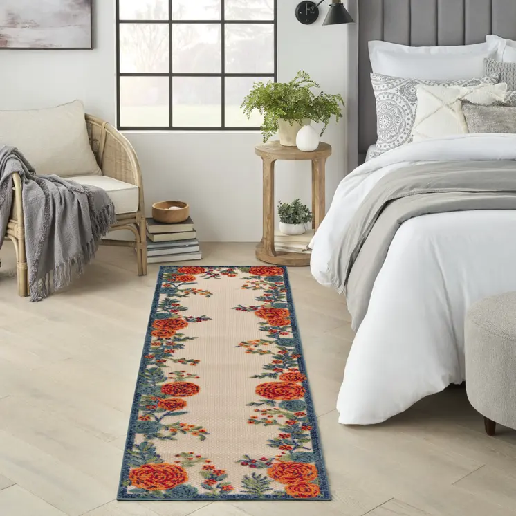 6' Ivory Blue And Orange Floral Indoor Outdoor Runner Rug