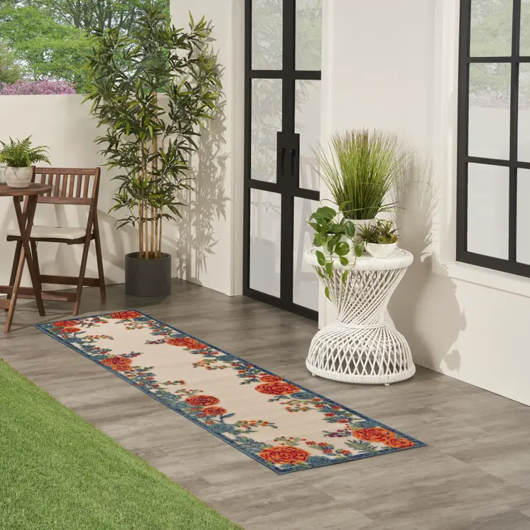 6' Ivory Blue And Orange Floral Indoor Outdoor Runner Rug