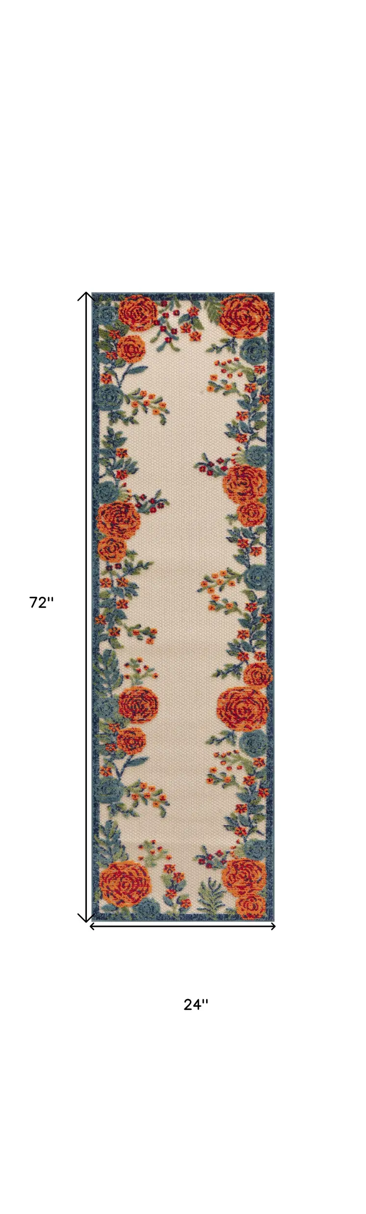 6' Ivory Blue And Orange Floral Indoor Outdoor Runner Rug