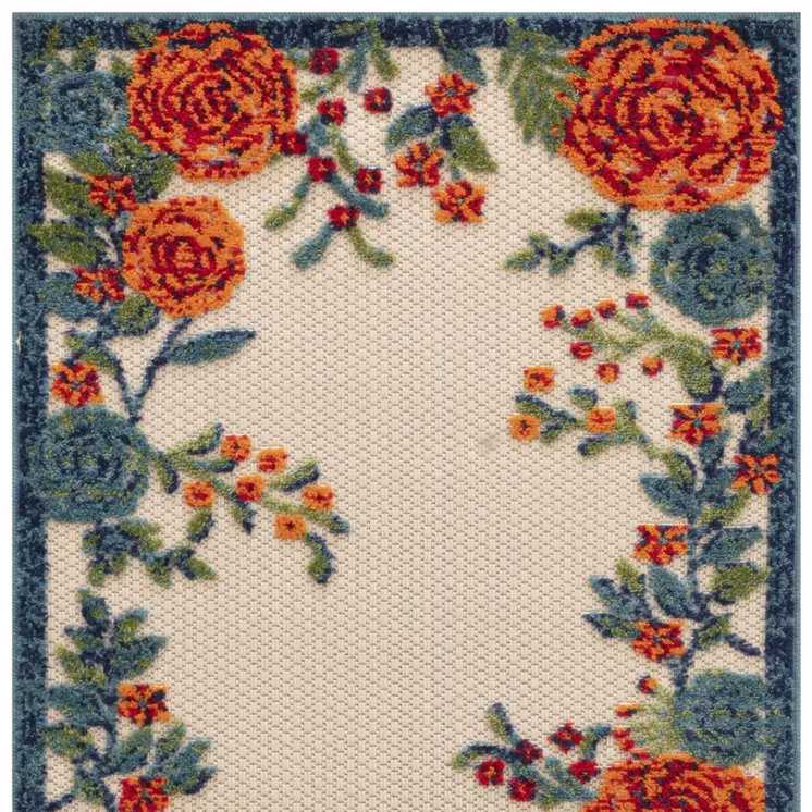 6' Ivory Blue And Orange Floral Indoor Outdoor Runner Rug