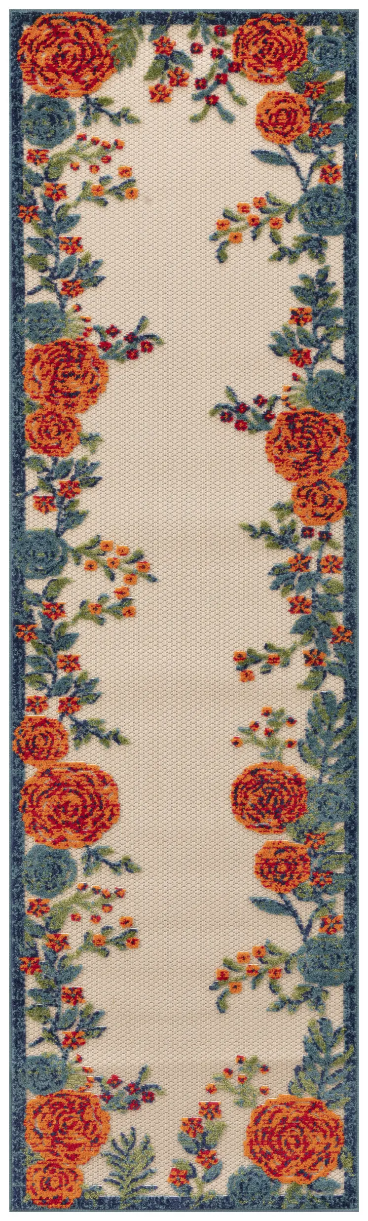 6' Ivory Blue And Orange Floral Indoor Outdoor Runner Rug