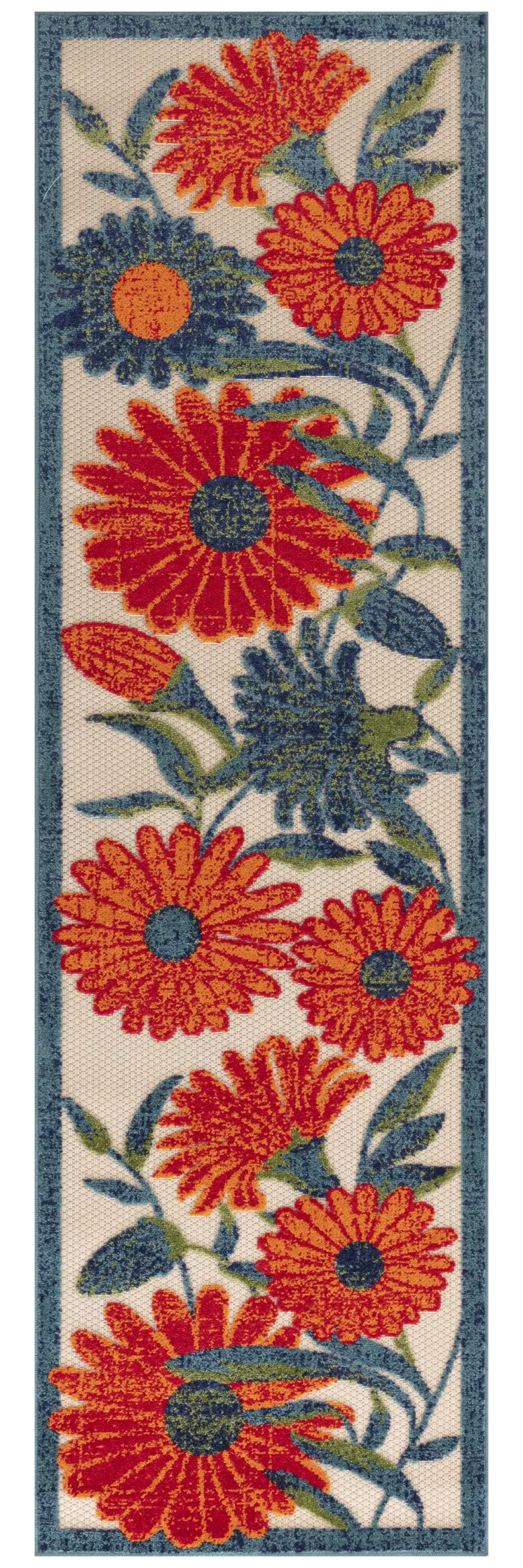 6' Ivory Blue And Orange Floral Indoor Outdoor Runner Rug