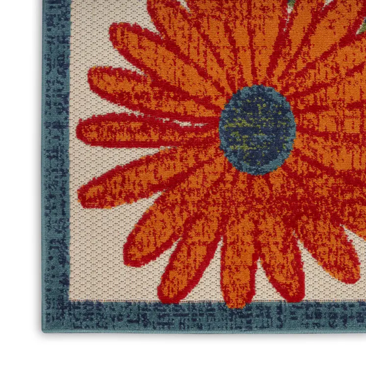 6' Ivory Blue And Orange Floral Indoor Outdoor Runner Rug
