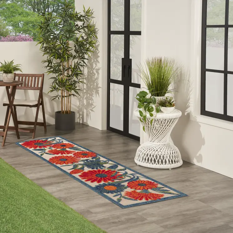 6' Ivory Blue And Orange Floral Indoor Outdoor Runner Rug
