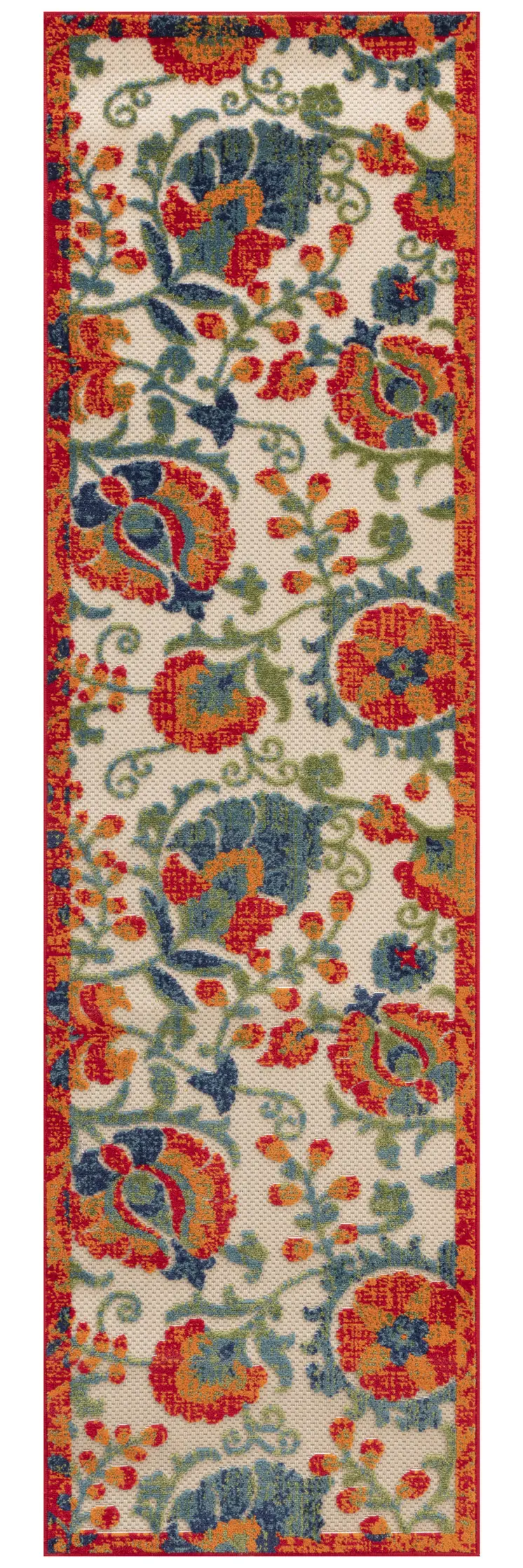 6' Ivory Blue And Orange Floral Indoor Outdoor Runner Rug