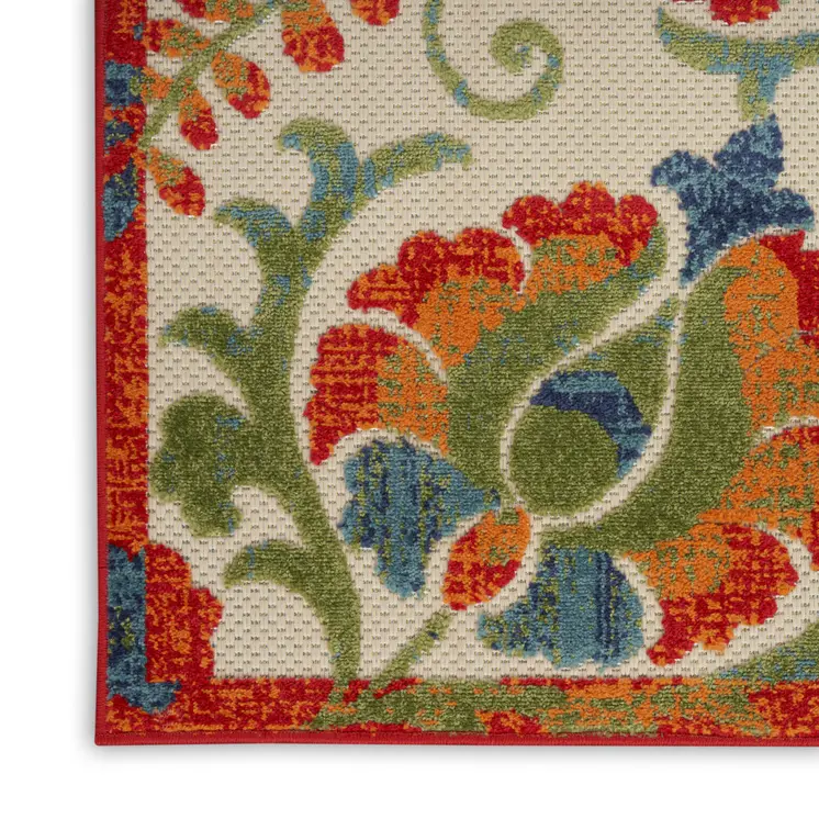 6' Ivory Blue And Orange Floral Indoor Outdoor Runner Rug