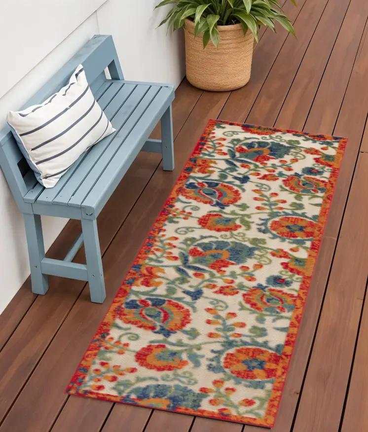 6' Ivory Blue And Orange Floral Indoor Outdoor Runner Rug
