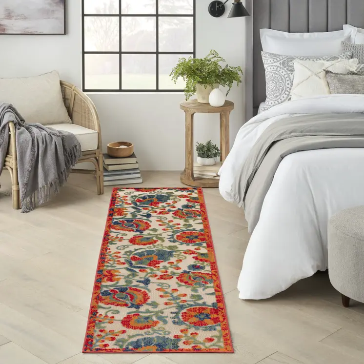 6' Ivory Blue And Orange Floral Indoor Outdoor Runner Rug