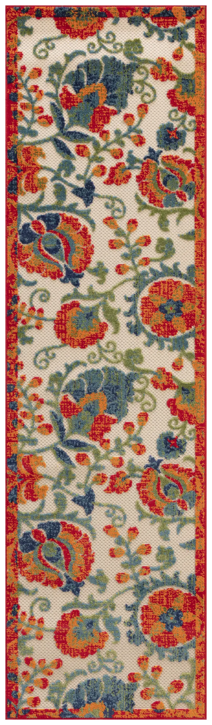 6' Ivory Blue And Orange Floral Indoor Outdoor Runner Rug