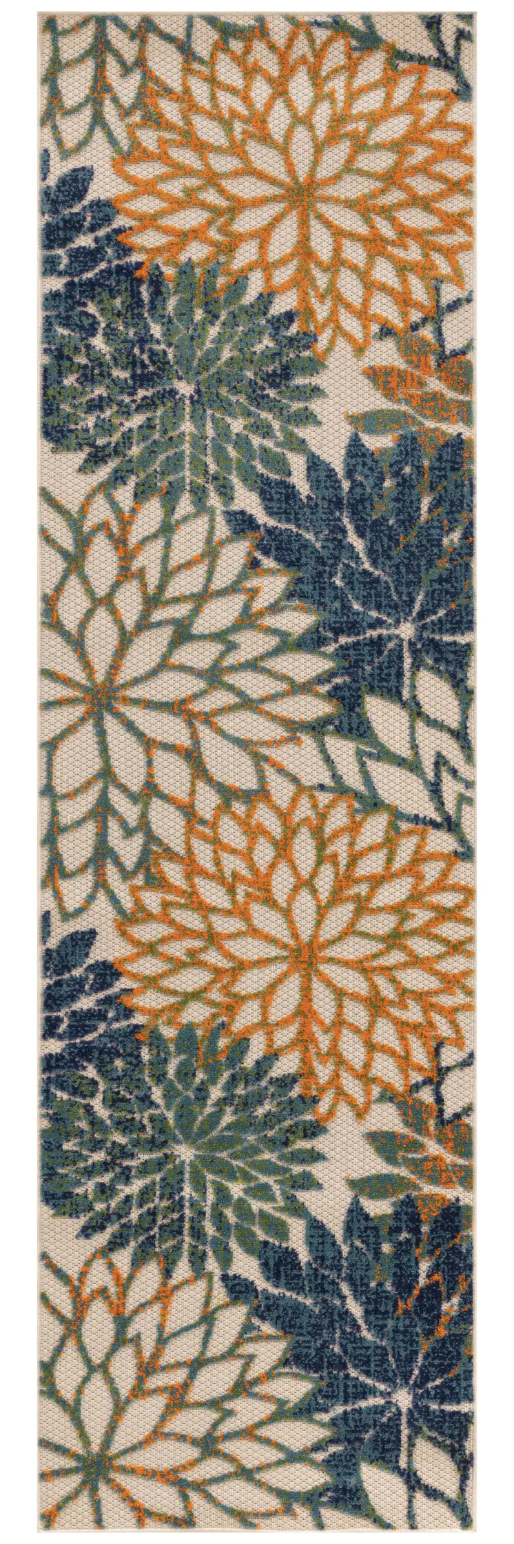 8' Ivory Blue Green And Yellow Floral Indoor Outdoor Runner Rug