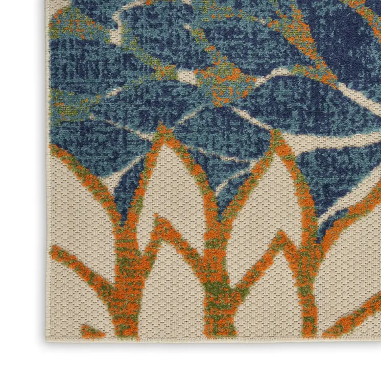 8' Ivory Blue Green And Yellow Floral Indoor Outdoor Runner Rug