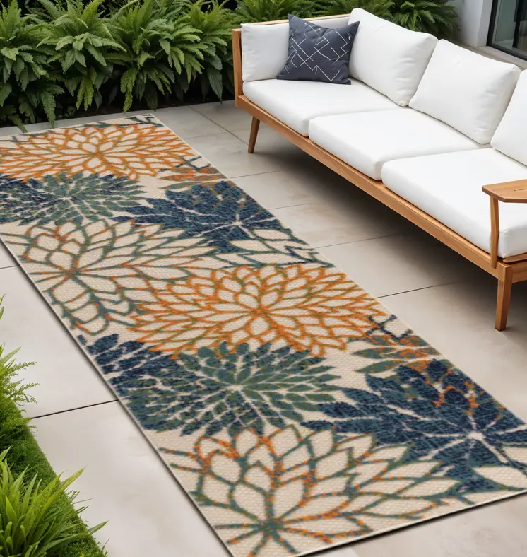 8' Ivory Blue Green And Yellow Floral Indoor Outdoor Runner Rug