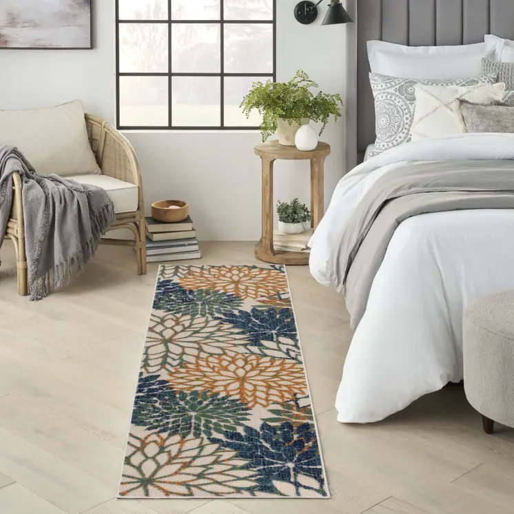 8' Ivory Blue Green And Yellow Floral Indoor Outdoor Runner Rug