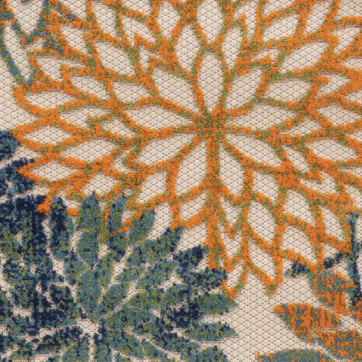 8' Ivory Blue Green And Yellow Floral Indoor Outdoor Runner Rug
