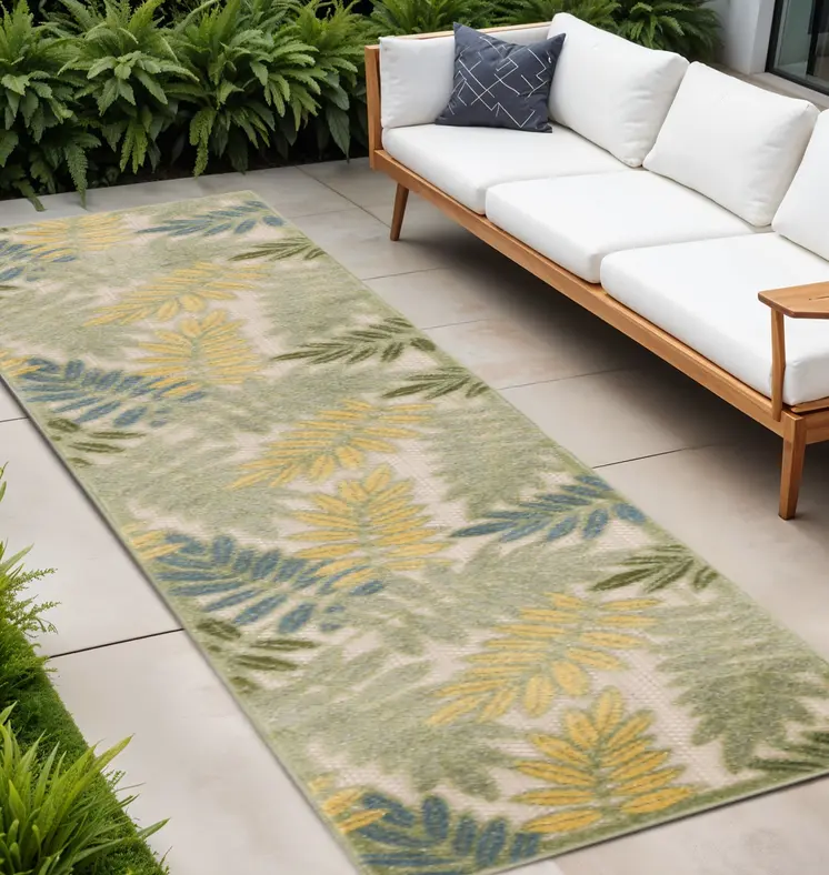 8' Green Yellow And Blue Floral Indoor Outdoor Runner Rug