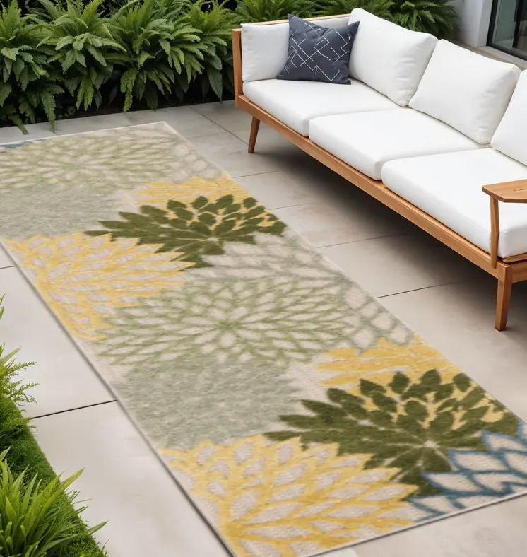 8' Green Yellow And Blue Floral Indoor Outdoor Runner Rug