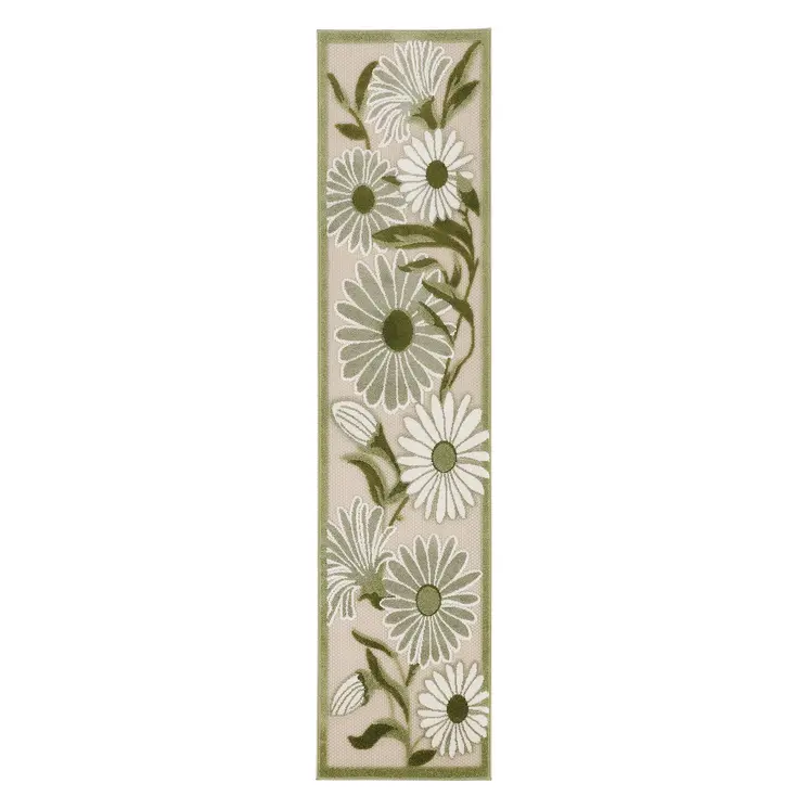 8' Ivory And Green Floral Indoor Outdoor Runner Rug