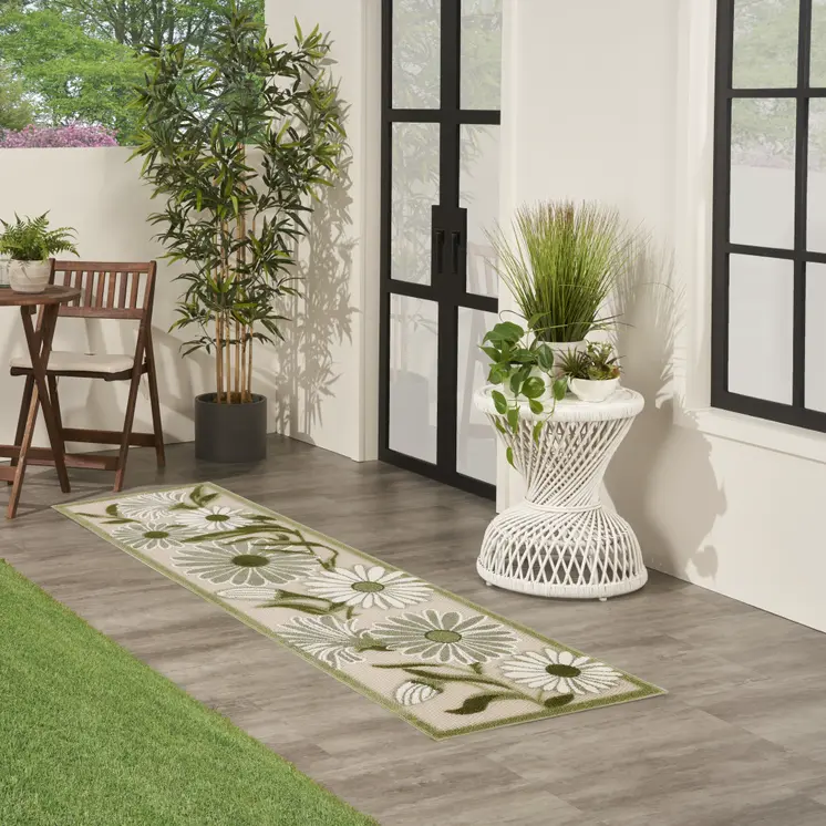 8' Ivory And Green Floral Indoor Outdoor Runner Rug
