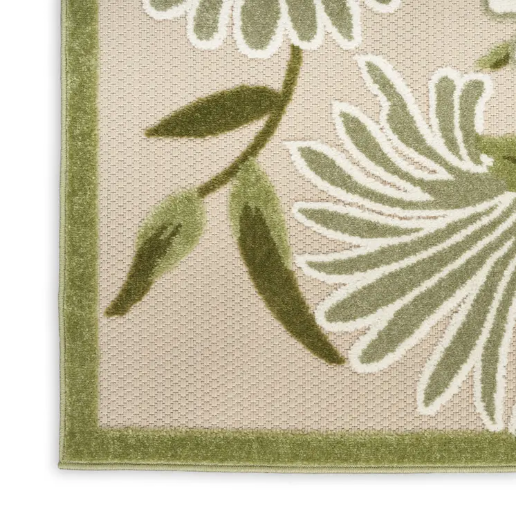 8' Ivory And Green Floral Indoor Outdoor Runner Rug