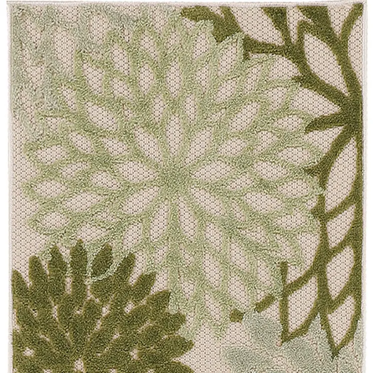 8' Ivory Green And Dark Green Floral Indoor Outdoor Runner Rug