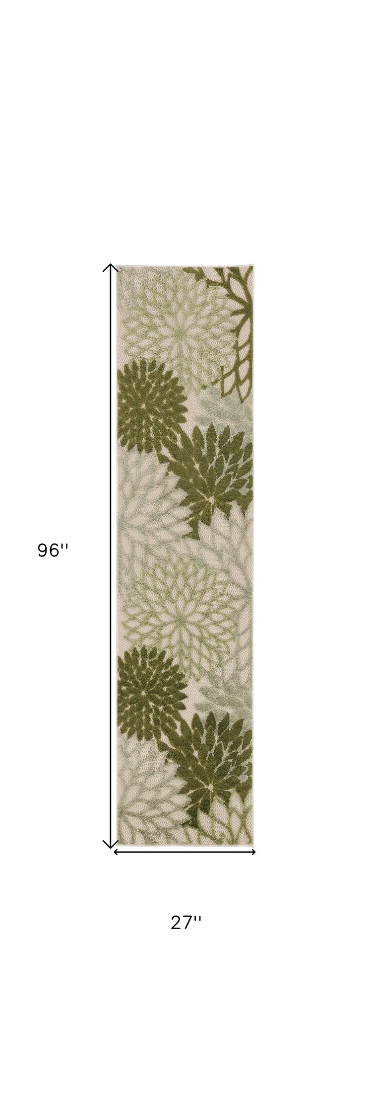 8' Ivory Green And Dark Green Floral Indoor Outdoor Runner Rug
